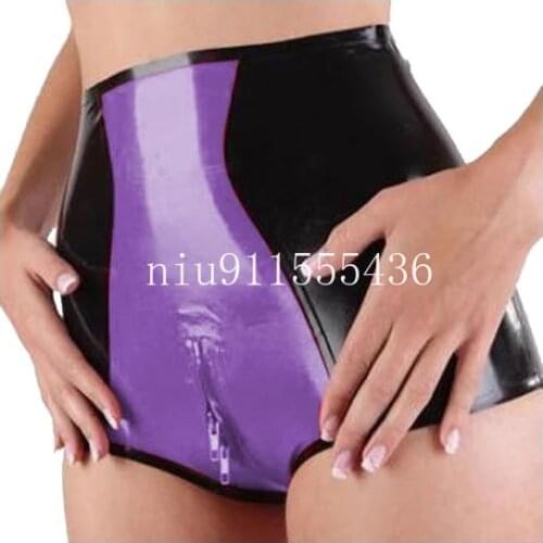 Sexy Women Latex Lingerie Shorts Exotic Rubber Underwear High Waist Panties with Crotch Zip