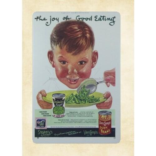 Joy of good eating Van Camps Green Beans ad 1952 boy metal tin sign shop decor