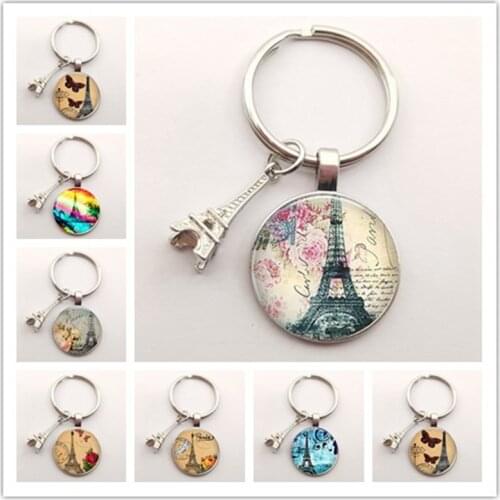 Romantic Paris Eiffel Tower Key Chains Art Lady Wander Drawing Design Glass Pendant Cute Keychain Keyring Women Bag Jewelry