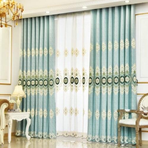 Luxury Chenille Curtains for Living Room 3d Embroidery Heavy and Thick Drape for Hotel Window Treatment color Blue & Brown