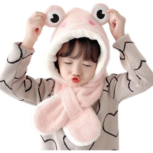 Doitbest Cartoon Cute frog children winter hats beanies set kids Child Knitted fur hat scarf One-piece boys girls Earflap caps