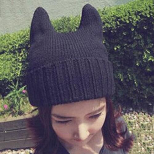 Hot Sale Winter Soft Cute Women Girl Warm Winter Cat Ear Shape Knitted Hat Elastic Beanie Cap Christmas Gifts