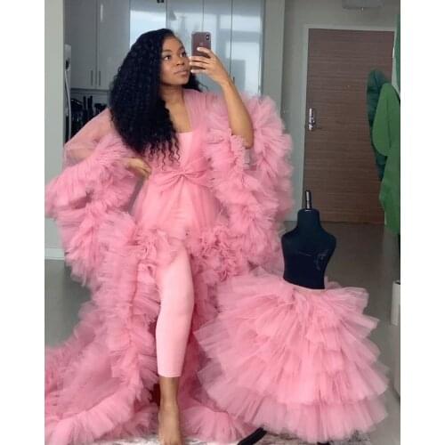 Cute Tulle Evening Dresses Women Long Tulle Maternity Robes Custom Made Sheer Robe With Bow Ruffled Photography Maternity Gowns