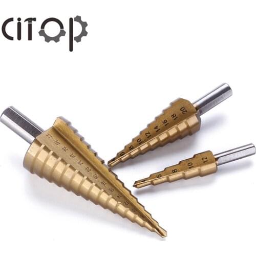 Citop 3pcs Triangular Titanium Straight-fluted Drill Bits Pagoda Shape Hole Cutter 4-12/20/32mm HSS Steel Cone Drill Power Tools