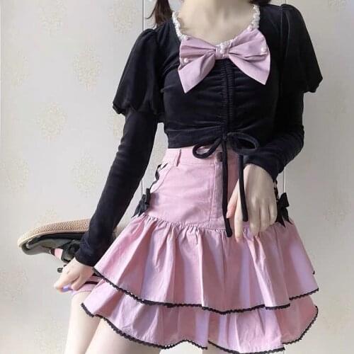 Japanese Sweet Puff Skirt Women Harajuku Ulzzang Cute High Waist Ruffle Lace Skirts Female Fashion Preppy Style Sexy Mini Skirt