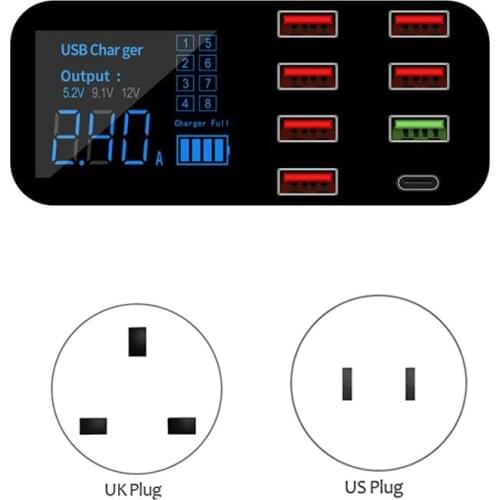 USB Charger QC3.0 USB C Type C Fast Charger 8 Ports Digital Display Charging Station Portable Travel Charger