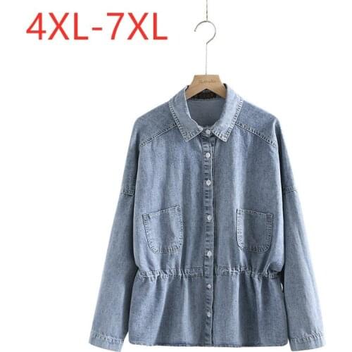 New 2021 Ladies Autumn Winter Plus Size Jacket For Women Large Long Sleeve Cotton Blue Button Pocket Denim Coat 4XL 5XL 6XL 7XL
