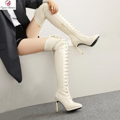 Womens Pointed Toe Over The Knee Boots Shoes Fashion Platform Thin High Heels Sexy Cross Tied Zipper Women Boots Big Size 33-43