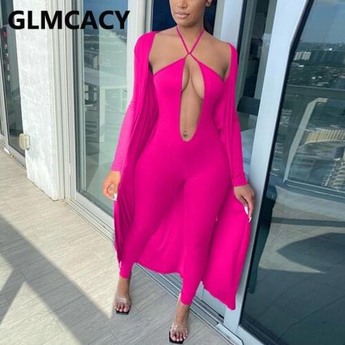 Women Two Piece Outfits Casual Streetwear Suits Off Shoulder Halter Jumpsuit & Long Cardigans Set