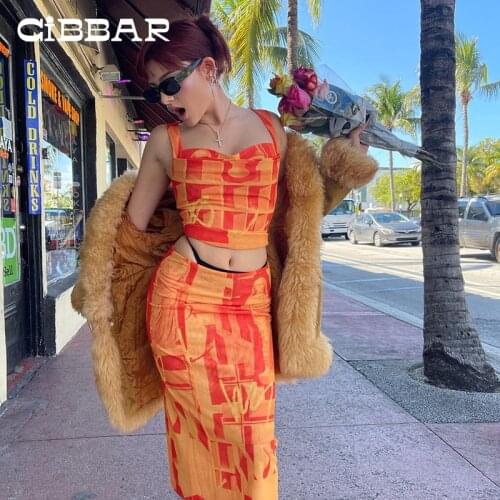 CIBBAR Casual Print Bodycon Party Two Piece Sets Women Zipper Tank Top And Side Split Midi Skirt Matching Suit Summer Streetwear