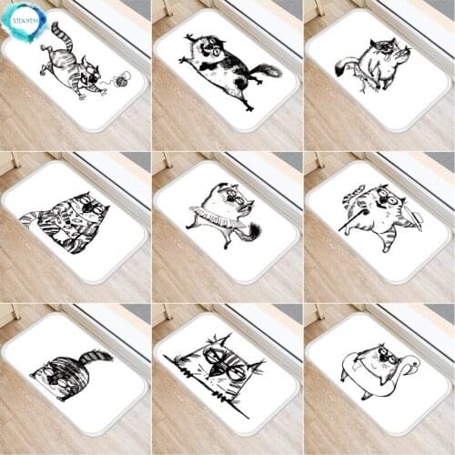 1PC 40x60cm Cute Cat Pattern Floor Mat Anti-Slip Black White Carpet Doormat Indoor Kitchen Bathroom Living Room Door Mat Rugs