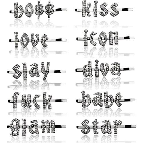 2020 New Hot Hair Accessories Gothic Word Hairclips Crystal Hair Clips Hairwear Letters Hairpin Bobby Pin Hair Jewelry WHOLESALE