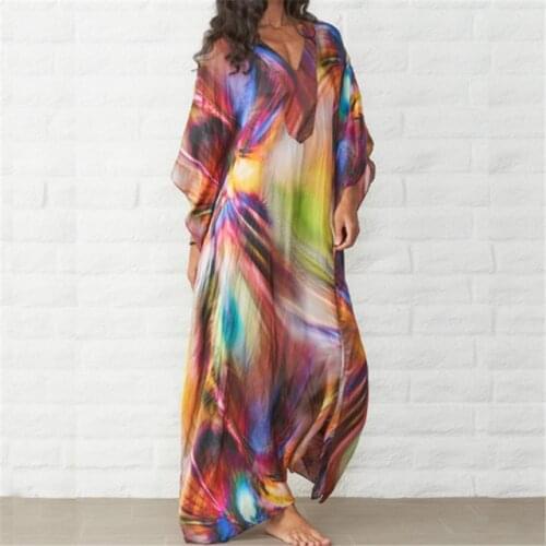2021 Quick-drying Bohemian Printed Cape Sleeve Loose Summer Beach Dress Long Tunic Women Beachwear Long Robe de plage N831