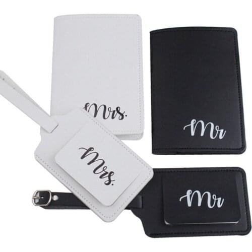 L5YA 4Pcs PU Leather Mr Mrs Luggage Tags Passport Covers for Couples Travel Honeymoon