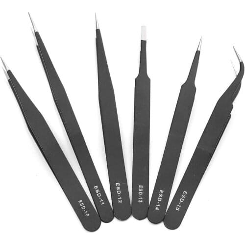 6Pcs Safe Anti-static Tweezers Maintenance Repair Nippers Forceps Tools Kit ESD10-15