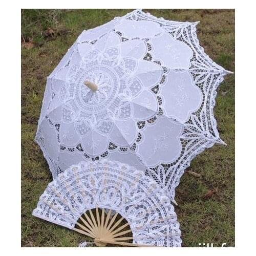 Battenburg White Belle Parasol Umbrella 30 Inch & Hand Fan Wedding Bridal