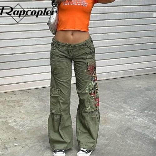 Rapcopter Green Printed Trousers Pockets Low Waisted Vintage Cargo Pants Baggy Straight Fashion Sweatpants Women Korean Academic
