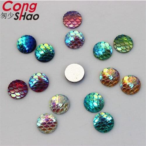 Cong Shao 300Pcs 10mm AB Colorful Round flatback Fish scales stones and crystals Resin Rhinestone trim costume Button CS622
