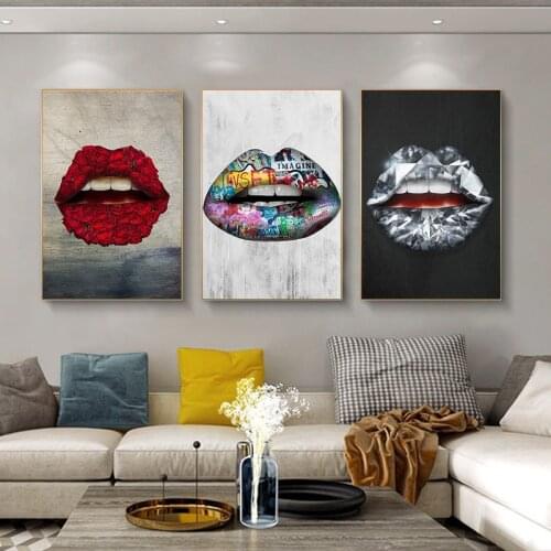 Color Creative Mouths Printing Canvas Painting Sexy Red Lips Flower Poster Home Decoration Wall Art Pictures For Living Room