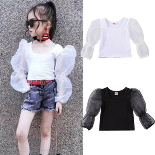 0-6Y Toddler Kids Baby Girl Long Lace Puff Sleeve Shirts Summer Crop Tops Solid Pullover Fashion Kids Tops Outfits Black White