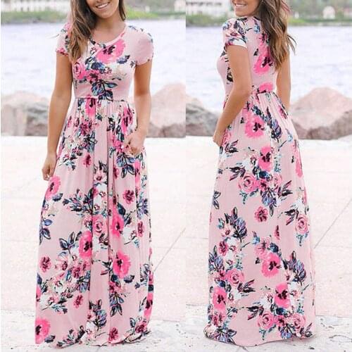 Elegant Dresses Womens Casual Floral Dress Short Sleeve Long Maxi Dress With Pockets Evening Party Dress Tunic vestidos mujer