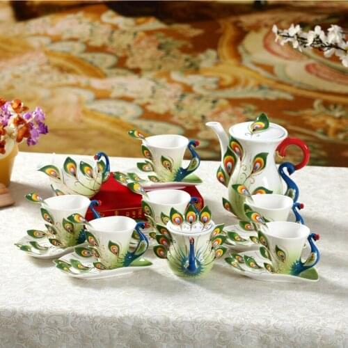 Enamel 21 head green peacock coffee cup saucer Western-style elegant ceramic cup creative coffee gift cup set