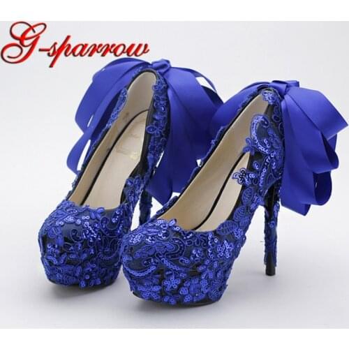 Blue Color Lace Wedding Shoes Sequined Glitter Nightclub Pumps Beautiful Satin Bow Women Prom Shoes Party Blue Dress Shoes