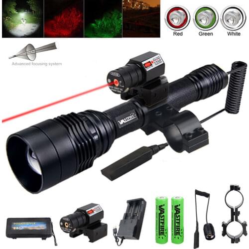 C11 Zoomable Hunting Flashlight Tactical Rifle Weapon Gun Light+RED Laser Dot Sight Scope+Switch+Rail Barrel Mount+18650+Charger