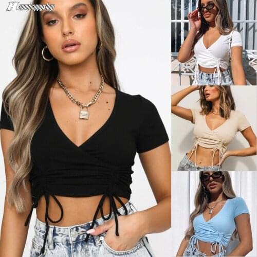 Sexy Women Solid Color Knitted Drawstring Ruffles Tank Tops Summer Ladies Short Sleeve Slim Basic Camisole T-shirts Crop Tops