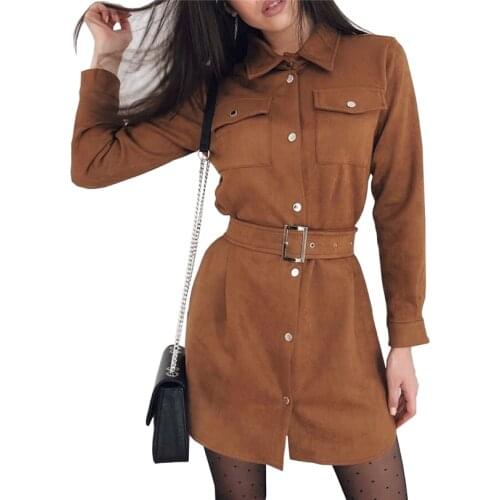 Fashion suede safari dress Women double pocket long sleeve button up mini shirt dress with belts Pink black red brown clothes