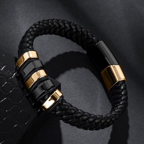 Fashion Stainless Steel Braided Genuine Leather Men Bracelets Handmade Party Bangles Punk Rock Male Wristband Jewelry Gifts P181
