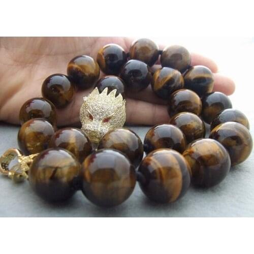 Charming CZ dragon head Clasp 18MM Tigers Eyes Round Necklace