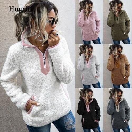 Autumn Winter Women Sherpa Sweater Teddy Fleece Pullover Half Zipper Sherpa Fleece Tops Female Warm Coat Sweaters with Pocket