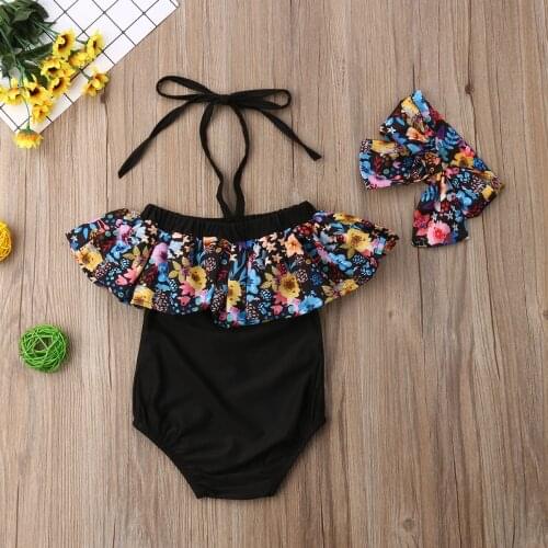 Toddler Baby Girls Floral Print OnePiece Swimsuit Newborn Bathing Suit Off Shoulder Lace Up Halter Romper Swimwear Beachwear