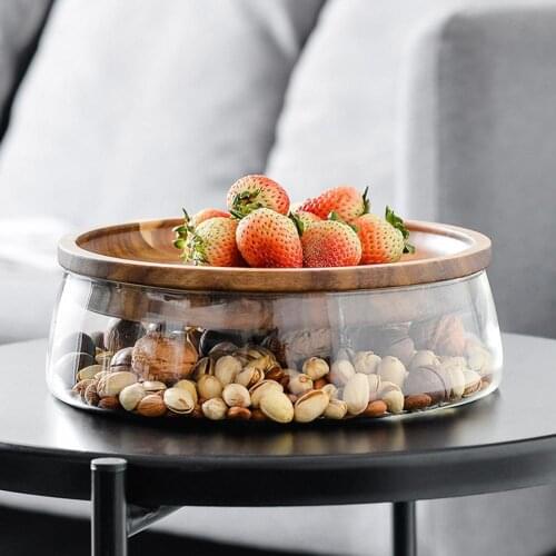 Acacia Glass Fruit Plate Nut Storage Box Double Layer Candy Storage Box Fruit Container with Wooden Lid for Home Kitchen