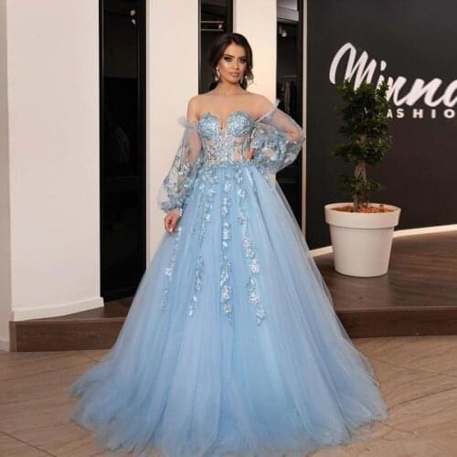 Light Blue A-Line Sweetheart Floor-Length Tulle Long Sleeve Celebrity Dresses With Applique