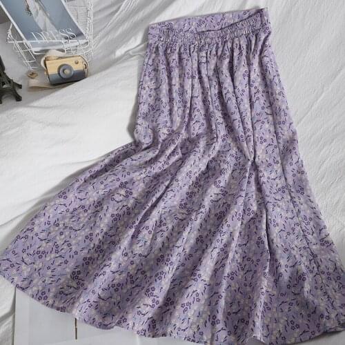 Vintage Floral Print Ruffles Pleated Chiffon Long Skirts 2021 Summer Autumn Women Korean Elastic High Waist Causal Midi Skirt