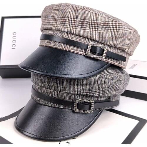 JIN-Swhbias Octagonal Cap for Women Plaid leather Visors Newsboy Cap 2021 New Vintage Autumn Winter Berets Ladies Hat