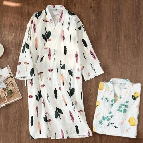 Japanese Woman Pajamas New Summer Fresh Leaf Kimono Robes Korean Female Gauze Cotton Thin Casual Nightgowns Floral Bathrobes