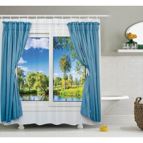 House Shower Curtain Rural View from The Window Reflection in Water Lake River Tree in Summertime Wall Decoration Curtains