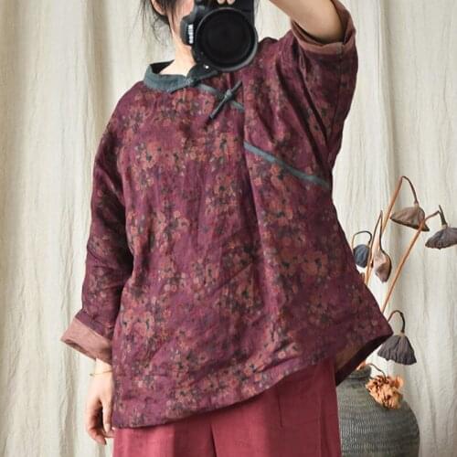 QPFJQD Ladies Retro Print Floral Shirts Stand Collar Full Sleeve Linen Tops Women Button High Quality Blouses Spring Autumn