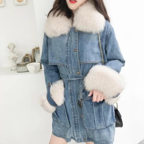 Women Denim Jackets 2021 Winter Jackets Female Thick Warm Jeans Denim Coats Female Big Fur Collar Overcoat Ladies Vintage Coat