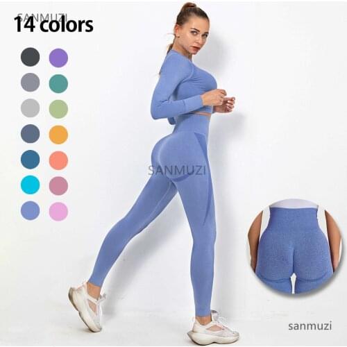 Women seamless gym set long sleeve upper high waist belly control sport leggings gym clothes seamless sport suit sexy girls