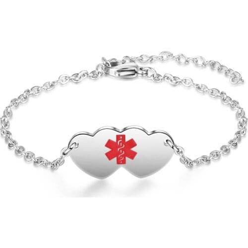 Personalized Bracelet Medical Alert ID Female Stainless Steel Bangles Double Hearts Adjustable Engraved Letters Gift for Women