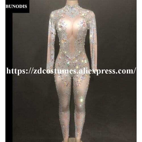 ZD256 Women Sexy Skin Color Jumpsuit Full Of Colorful Sparkling Crystals Bodysuit Nightclub Party Birthday Celebrate Bling