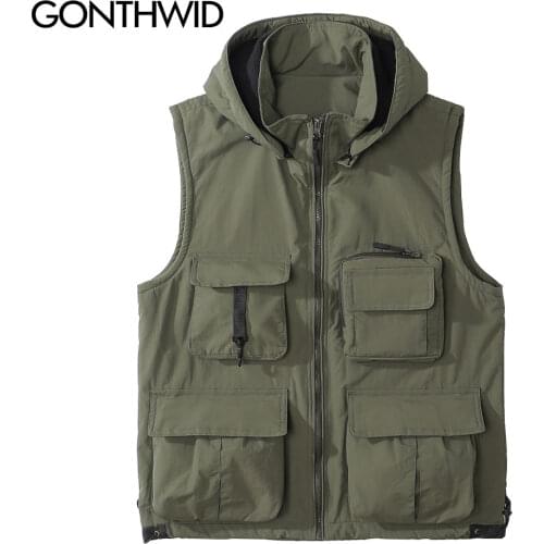 GONTHWID Cargo Hooded Vest Jackets Multi Pockets Utility Tactical Fleece Sleeveless Coats Hip Hop Casual Streetwear Waistcoat
