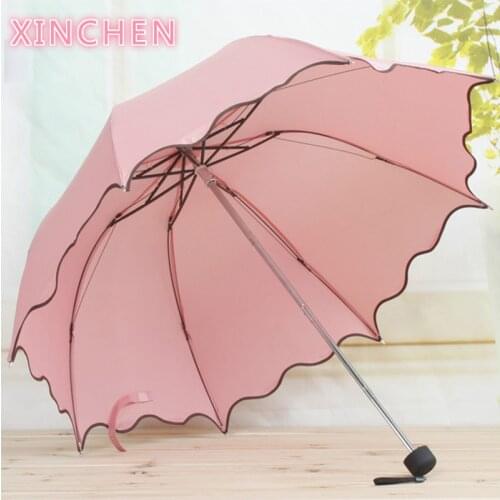 Women Rain Umbrella Female Umbrellas Handle Creative Lotus Lace Cute Princess Sunny and Rainy Anti-UV Umbralla Drinkware