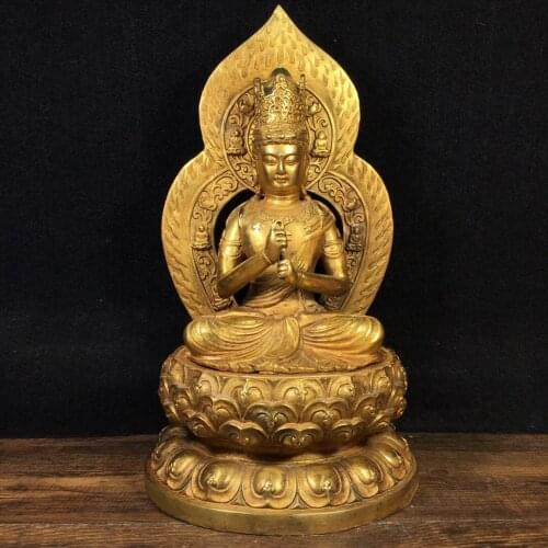12"Tibet Buddhism Old Bronze Gilt Big Day Tathagata Buddha Statue Sitting on the lotus platform Enshrine the Buddha