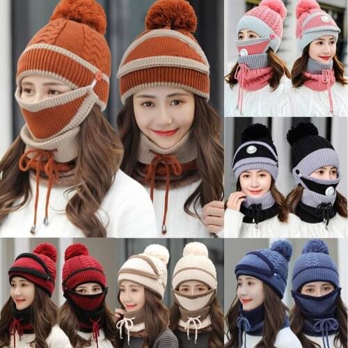 3Pcs/Set Outdoor Riding Buttons Pompom Knitted Hat Face Cover Neck Scarf Set