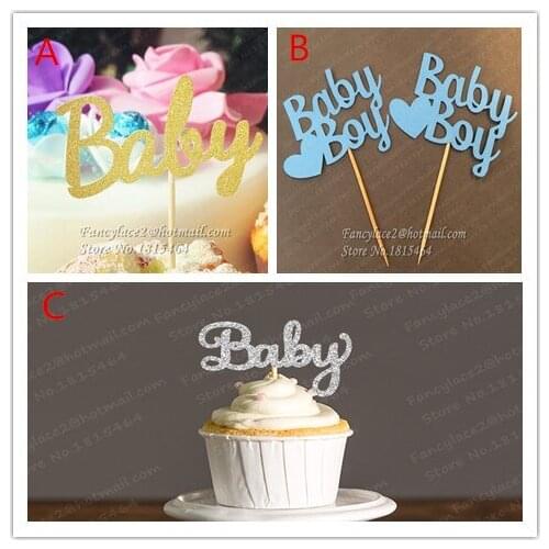 30pcs Glitter Script Baby Shower Cupcake Toppers Picks,Pregnancy Announcement Gender Reveal Birthday Party Cake Decoration